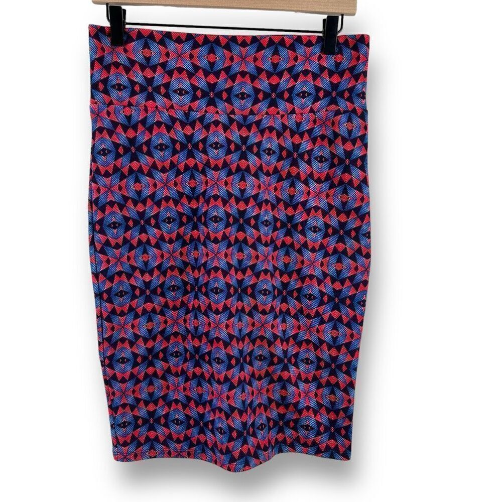 LuLaRoe Women's S Stretchy‎ Pencil Skirt Blue Black Red Triangle Geometric Print